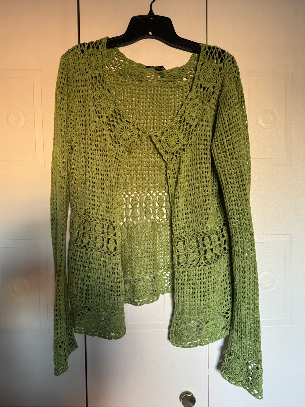 Chadwicks Green Crochet Open-Front Cardigan